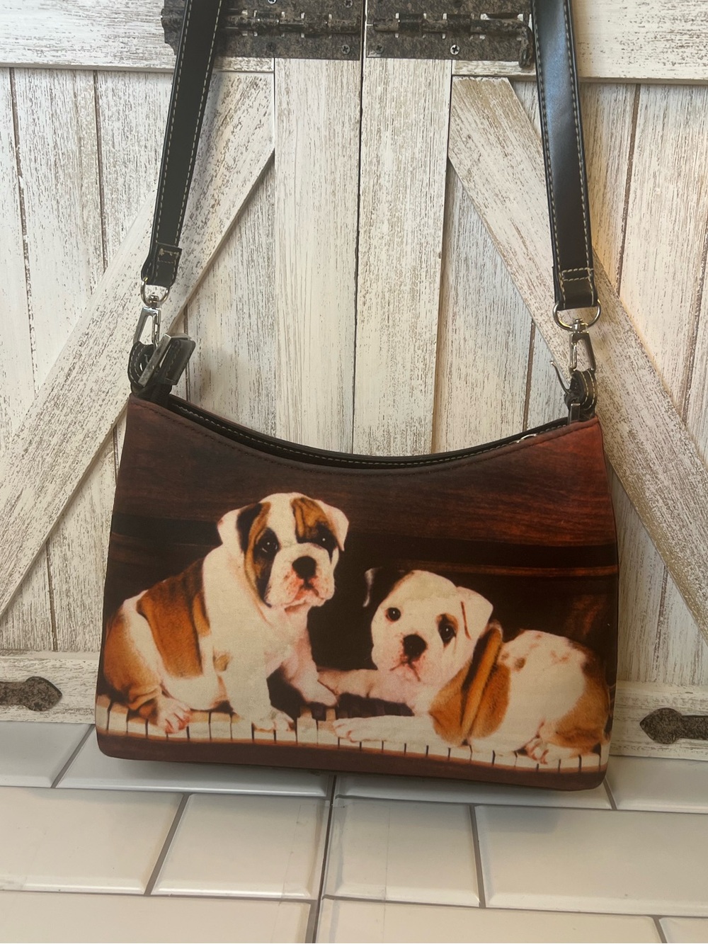 Cute English Bulldog Puppy Print Shoulder Bag in Brown and White